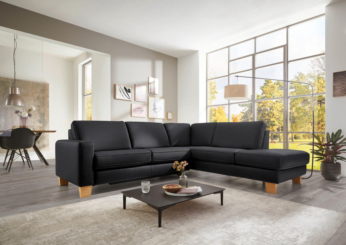 ECKSOFA in Echtleder Anthrazit  - Eiche Bianco/Anthrazit, Konventionell, Leder/Holz (257/235cm) - Valdera