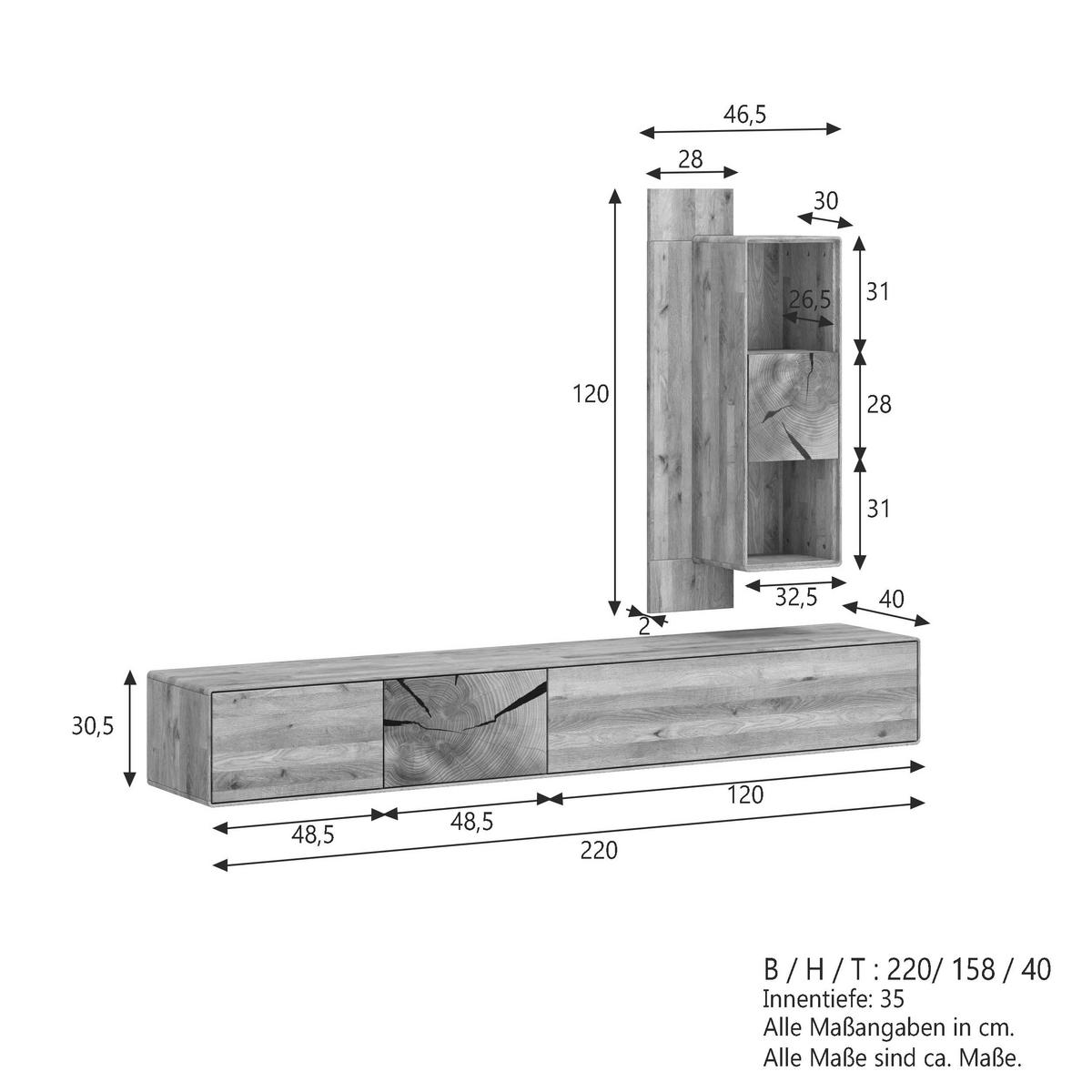 WOHNWAND 2-teilig  in Eichefarben  220/151/40 cm  - Wildeiche/Eichefarben, Basics, Holz (220/151/40cm) - Livetastic
