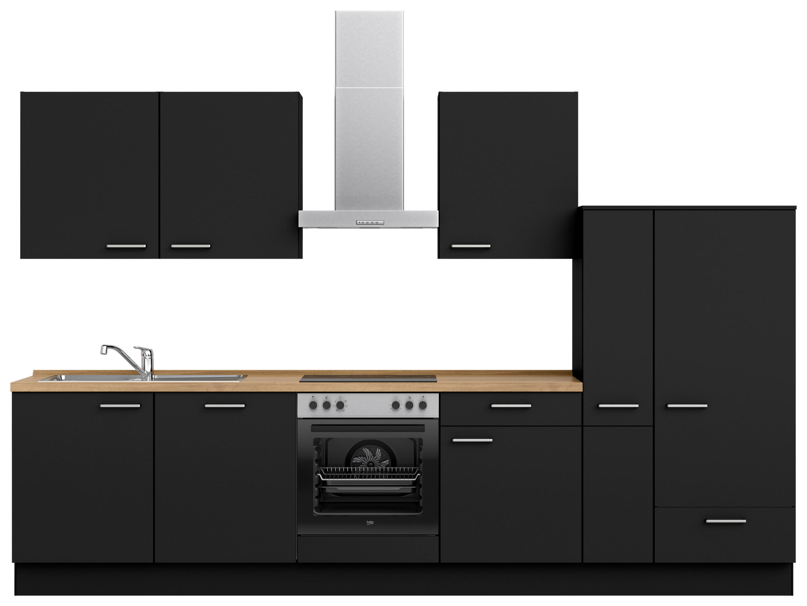 KÜCHENLEERBLOCK 330 cm   in Schwarz, Eichefarben  - Edelstahlfarben/Eichefarben, MODERN, Holzwerkstoff/Metall (330cm) - Nobilia