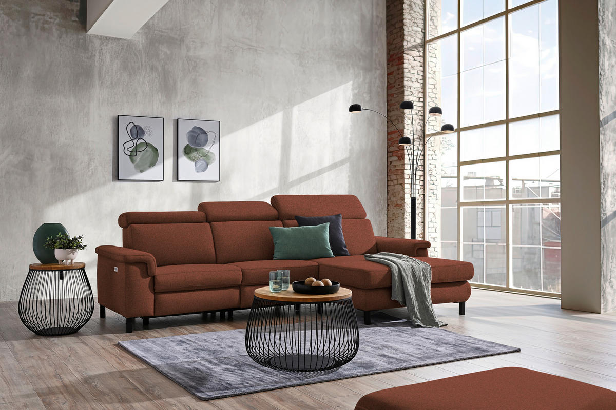 ECKSOFA Rostfarben Flachgewebe Rücken echt, Kopfteilverstellung  - Rostfarben/Schwarz, KONVENTIONELL, Textil/Metall (304/182cm) - Pure Home Comfort