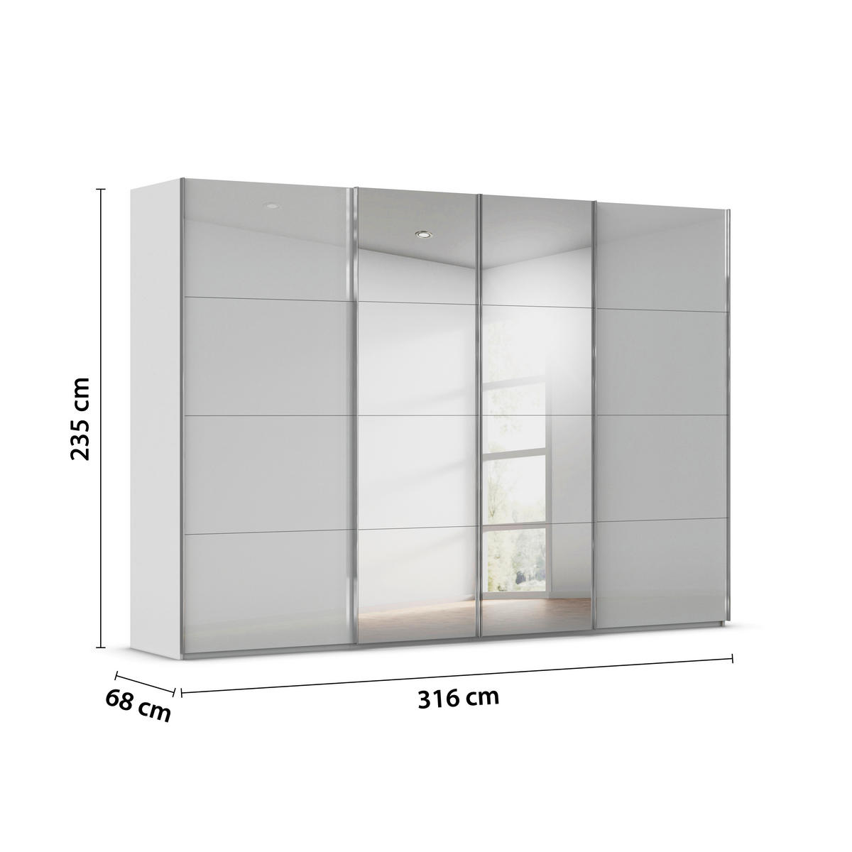 SCHWEBETÜRENSCHRANK 316/235/68 cm 4-türig Weiß, Seidengrau  - Chromfarben/Seidengrau, Design, Glas/Holzwerkstoff (316/235/68cm) - Novel