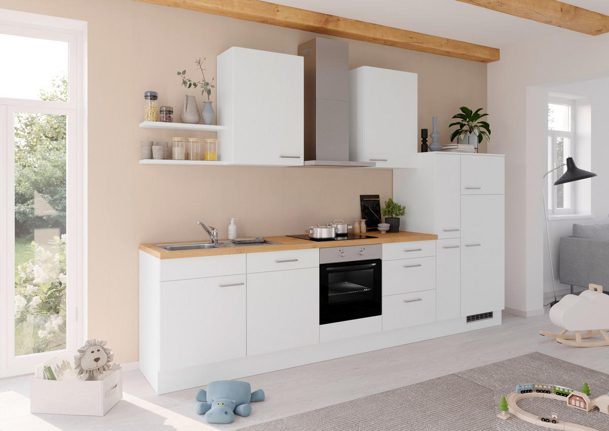 KÜCHENBLOCK 330 cm   in Weiß  - Edelstahlfarben/Eichefarben, Design, Holzwerkstoff/Metall (330cm) - Impuls