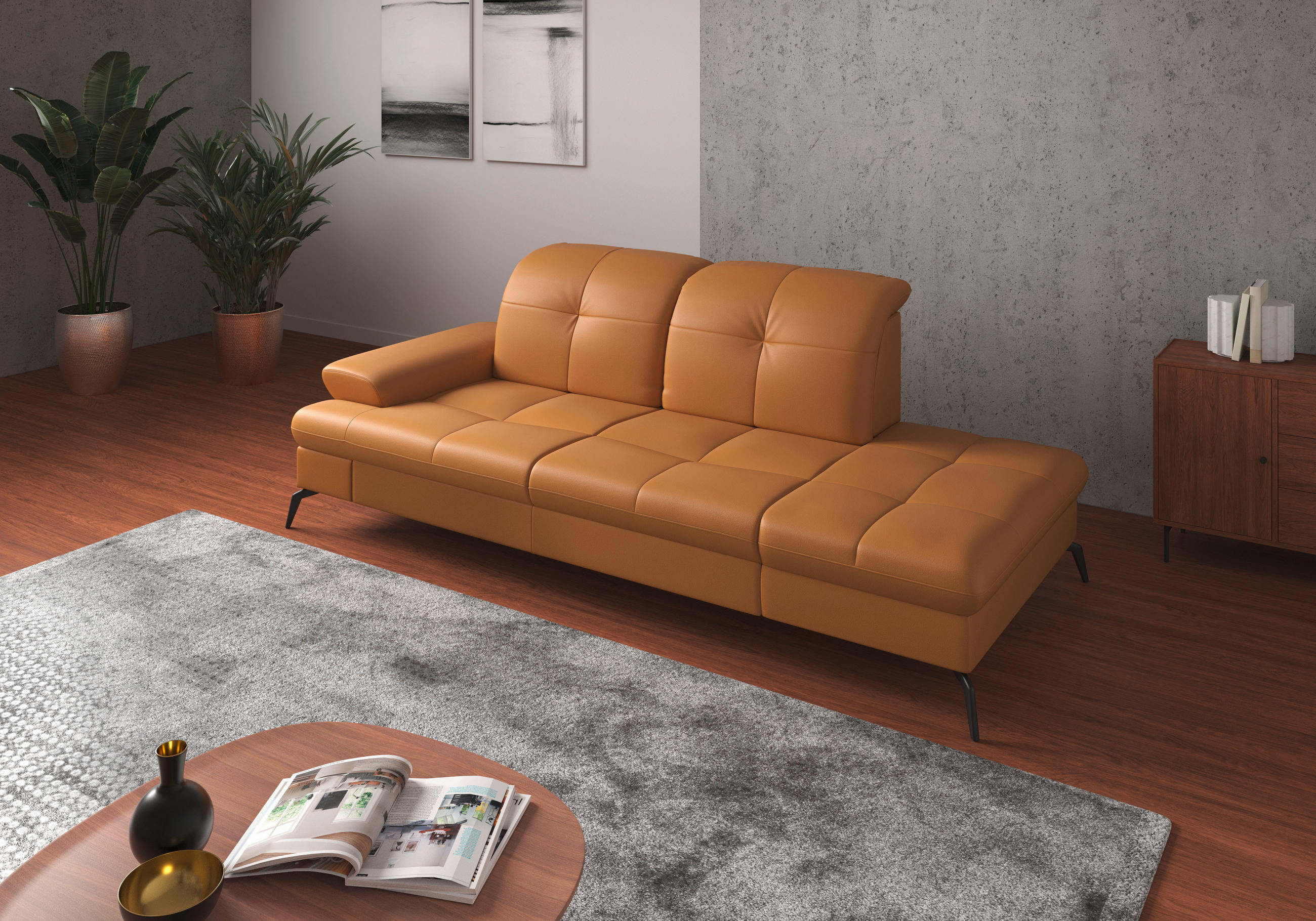 RÉCAMIERE Currygelb Kombination Echtleder/Stoff Vliesstoff  - Currygelb/Schwarz, KONVENTIONELL, Leder/Textil (231/90/122cm) - Sit & More