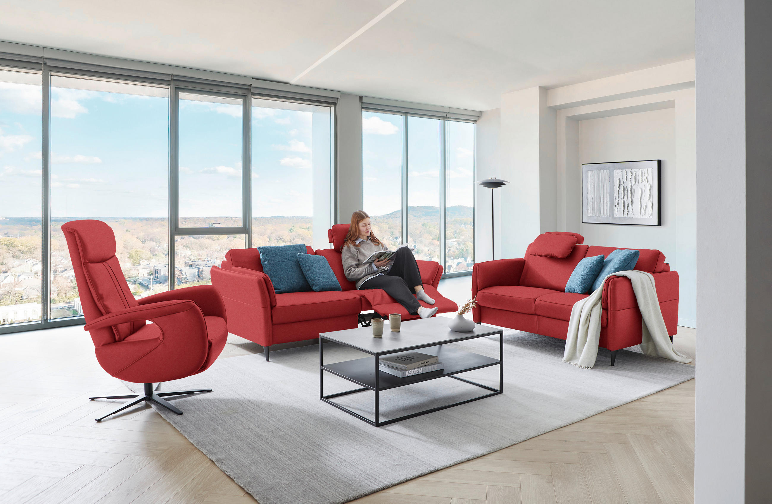 2,5-SITZER in Echtleder Rot  - Rot/Schwarz, Design, Leder/Metall (164/84/99cm) - Dieter Knoll