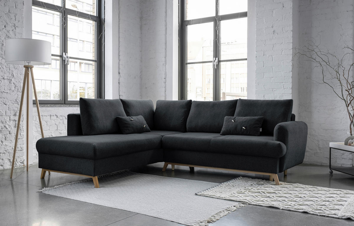 ECKSOFA in Chenille Dunkelgrau  - Dunkelgrau/Naturfarben, Holz/Textil (202/242cm) - MID.YOU