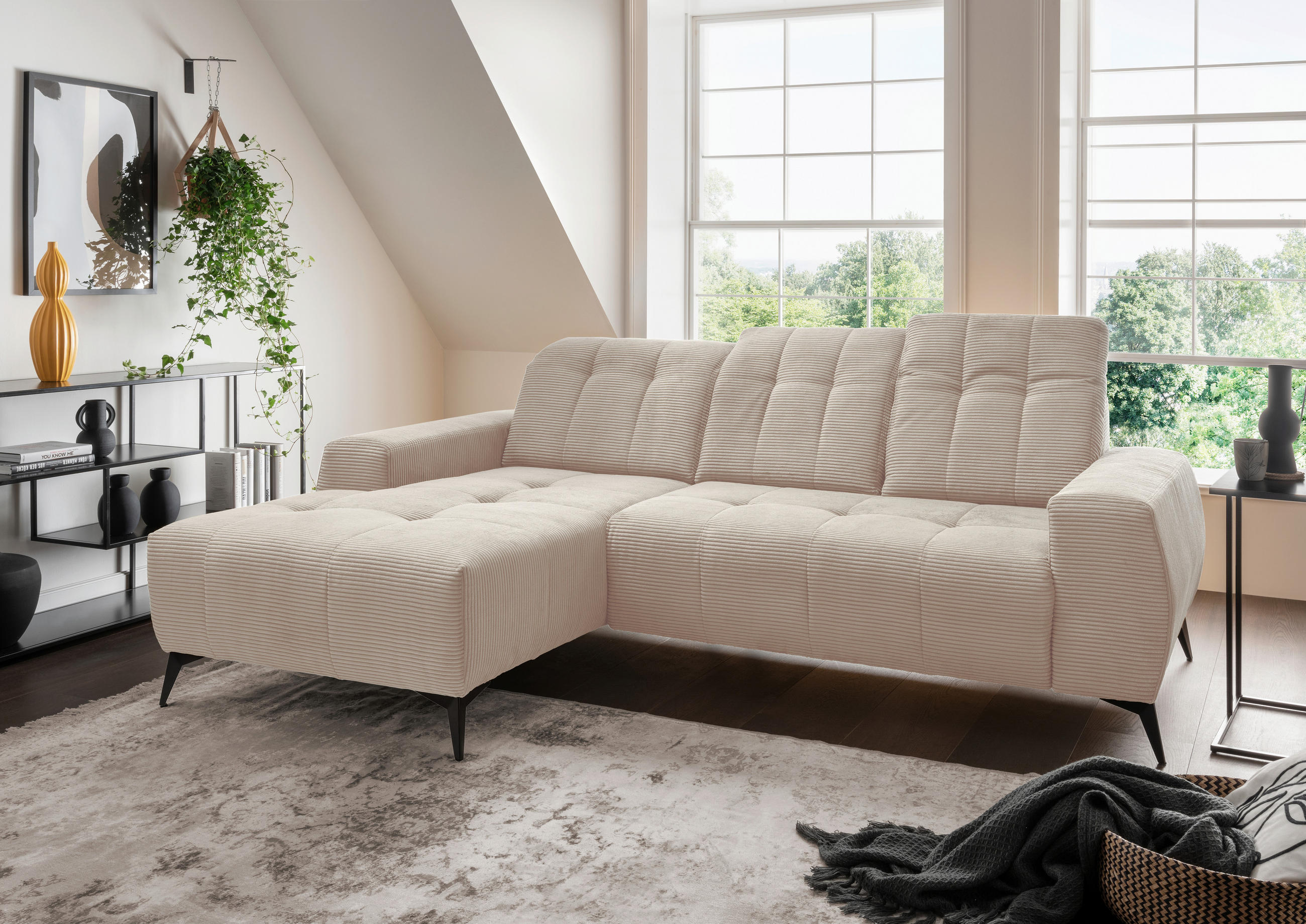 ECKSOFA Beige Cord  - Beige/Schwarz, MODERN, Textil/Metall (180/258cm) - Livetastic
