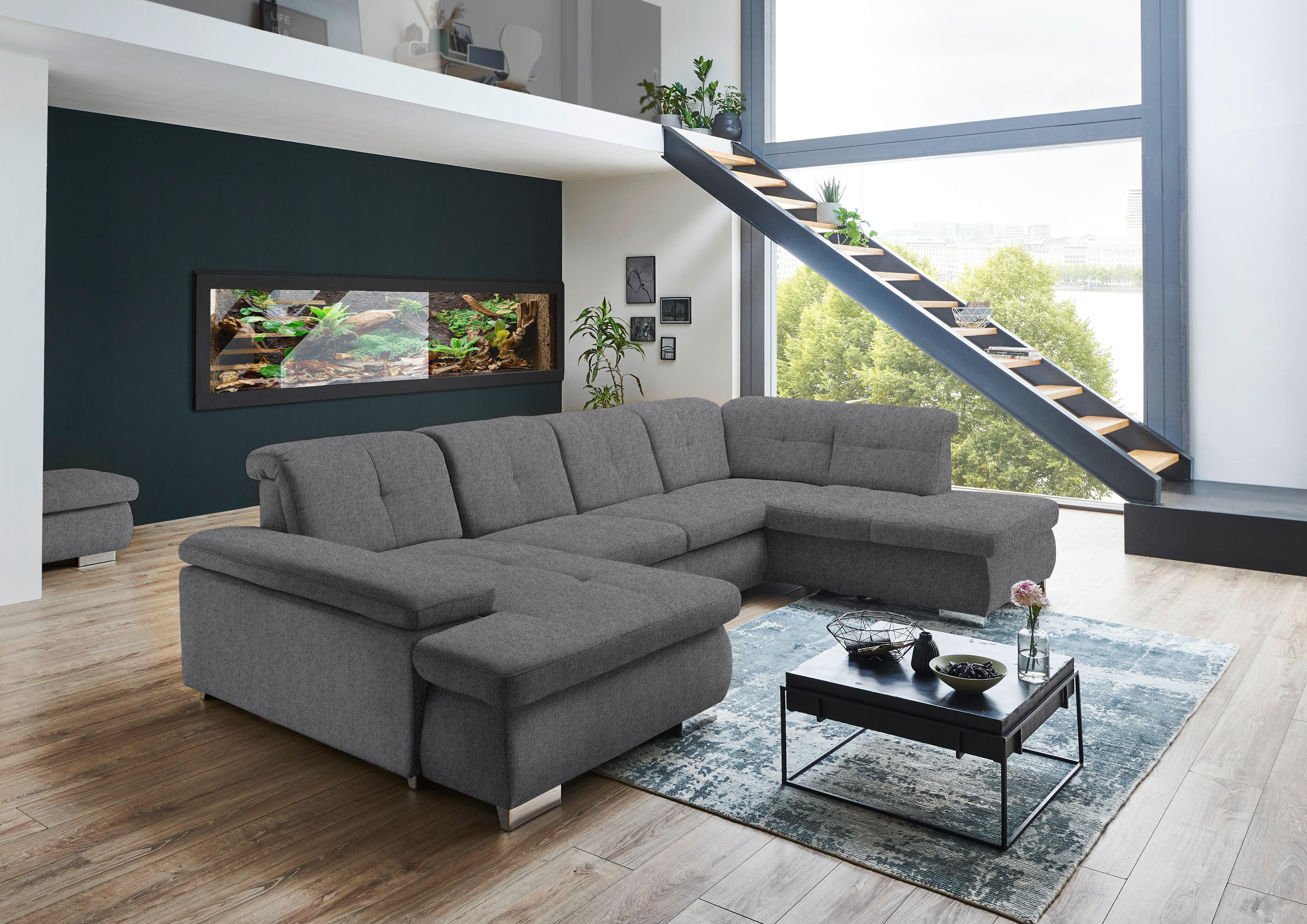 WOHNLANDSCHAFT Dunkelgrau Webstoff  - Dunkelgrau/Schwarz, Design, Textil/Metall (174/337/210cm) - Beldomo Style