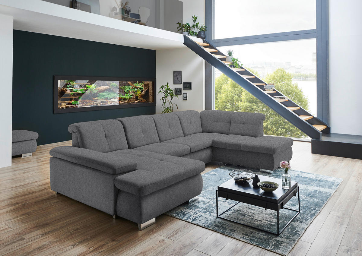 WOHNLANDSCHAFT Dunkelgrau Webstoff  - Dunkelgrau/Schwarz, Design, Textil/Metall (174/337/210cm) - Beldomo Style