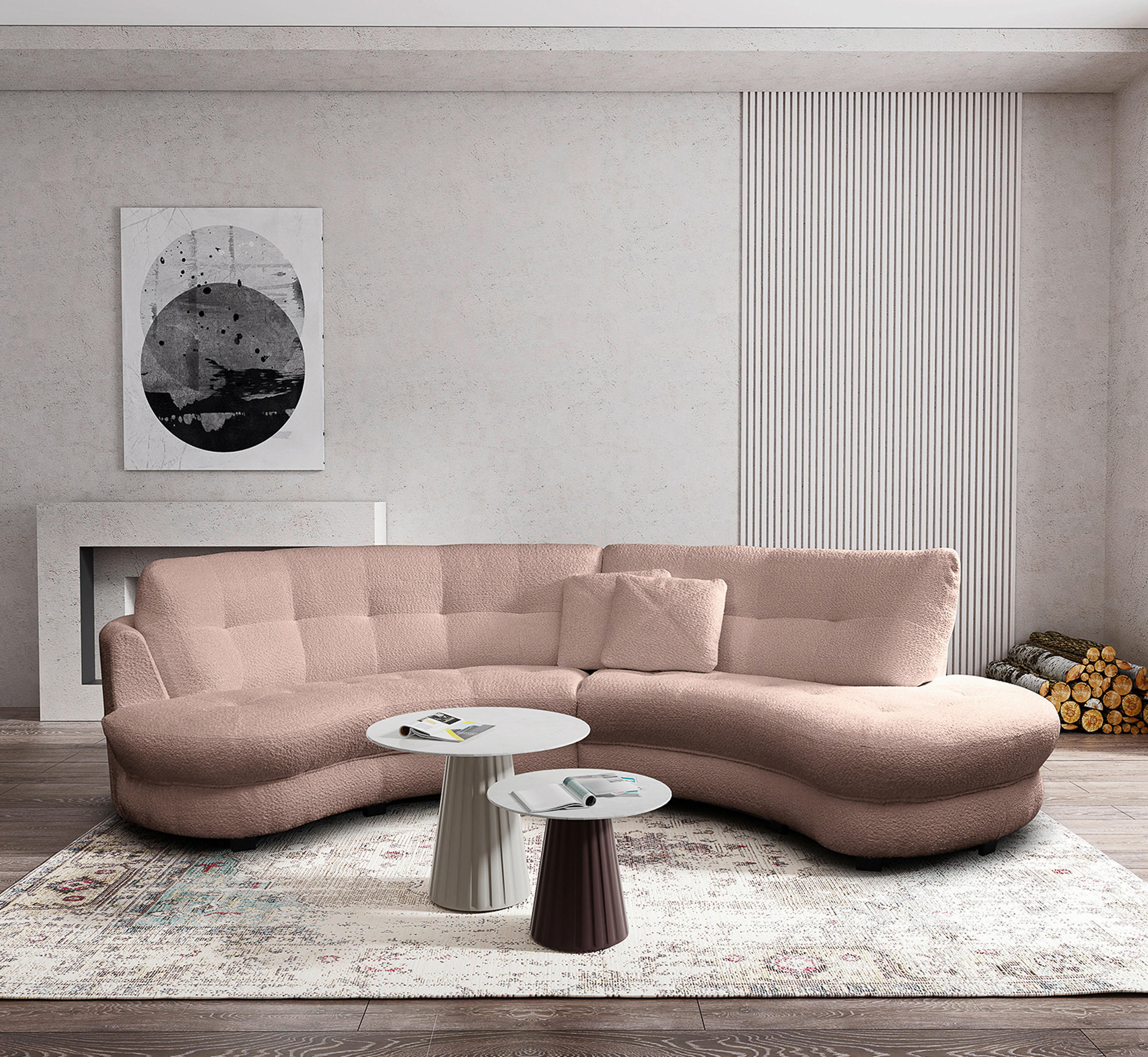 ECKSOFA Rundform  Rosa Bouclé  - Schwarz/Rosa, Design, Kunststoff/Textil (300/113cm) - Livetastic