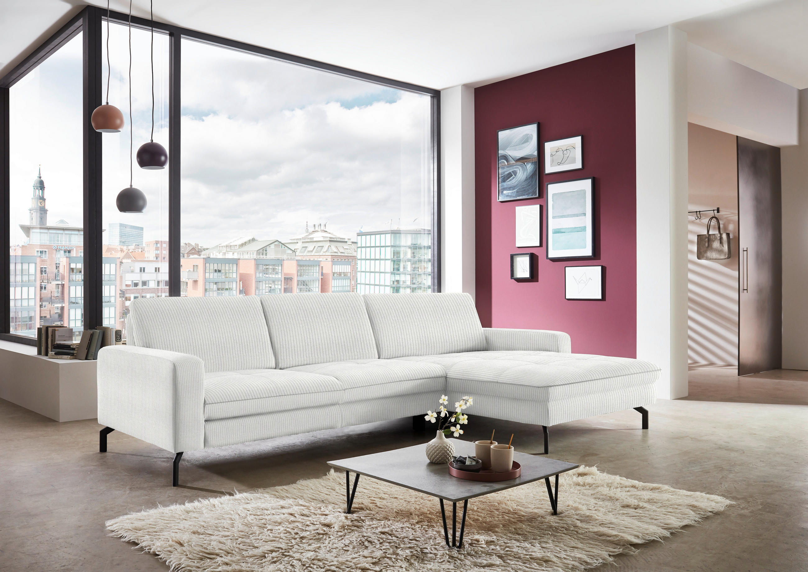 ECKSOFA in Cord Ecru  - Ecru/Schwarz, Design, Textil/Metall (302/178cm) - Beldomo Style