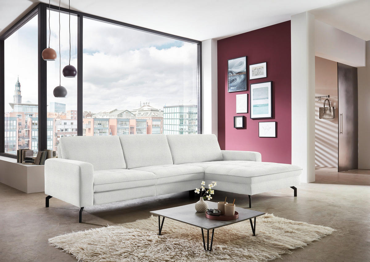 ECKSOFA in Cord Ecru  - Ecru/Schwarz, Design, Textil/Metall (302/178cm) - Beldomo Style