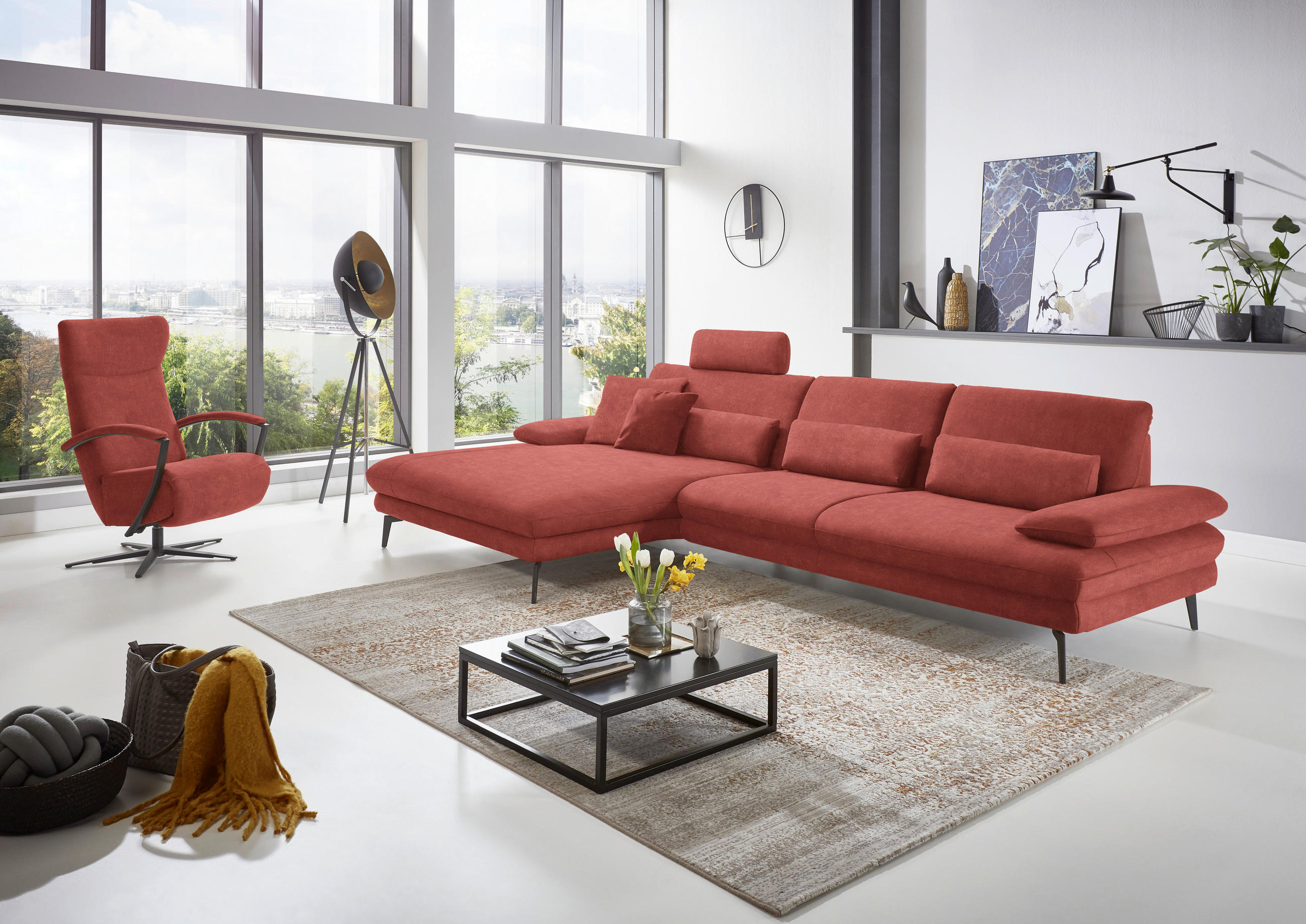 ECKSOFA in Velours Koralle - Koralle/Schwarz, Design, Textil/Metall (180/310cm) - Dieter Knoll