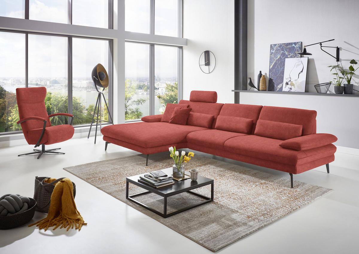ECKSOFA in Velours Koralle  - Koralle/Schwarz, Design, Textil/Metall (180/310cm) - Dieter Knoll