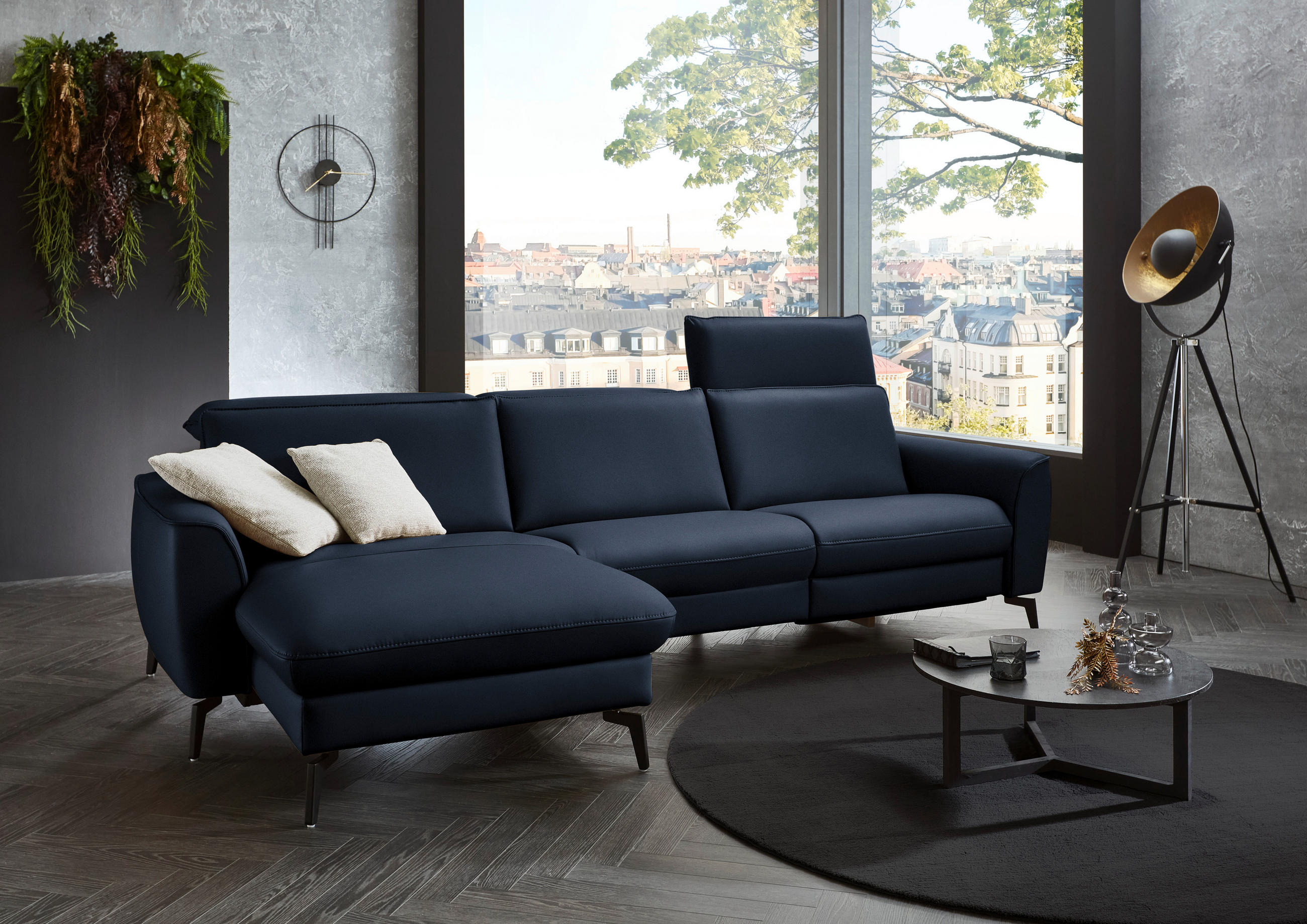 ECKSOFA in Echtleder Dunkelblau  - Schwarz/Dunkelblau, Natur, Leder/Metall (168/281cm) - Valdera