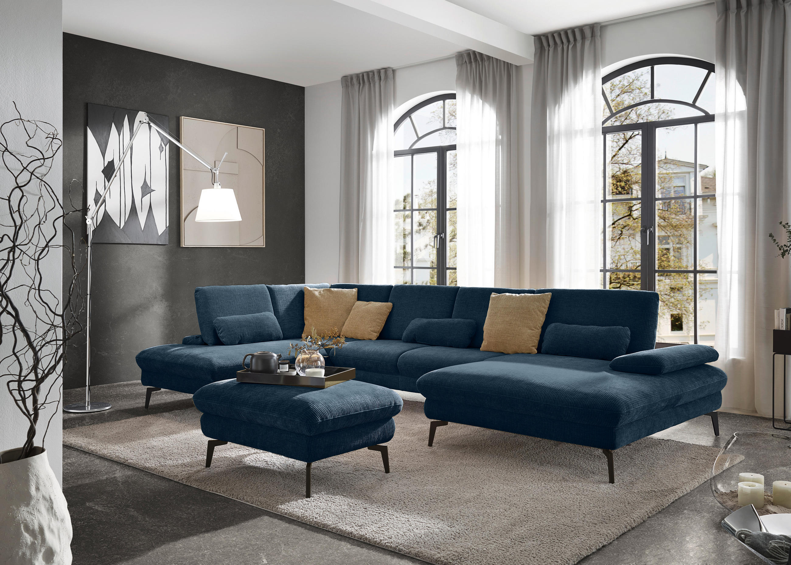 WOHNLANDSCHAFT in Webstoff Blau  - Blau/Schwarz, Design, Textil/Metall (208/354/157cm) - Dieter Knoll