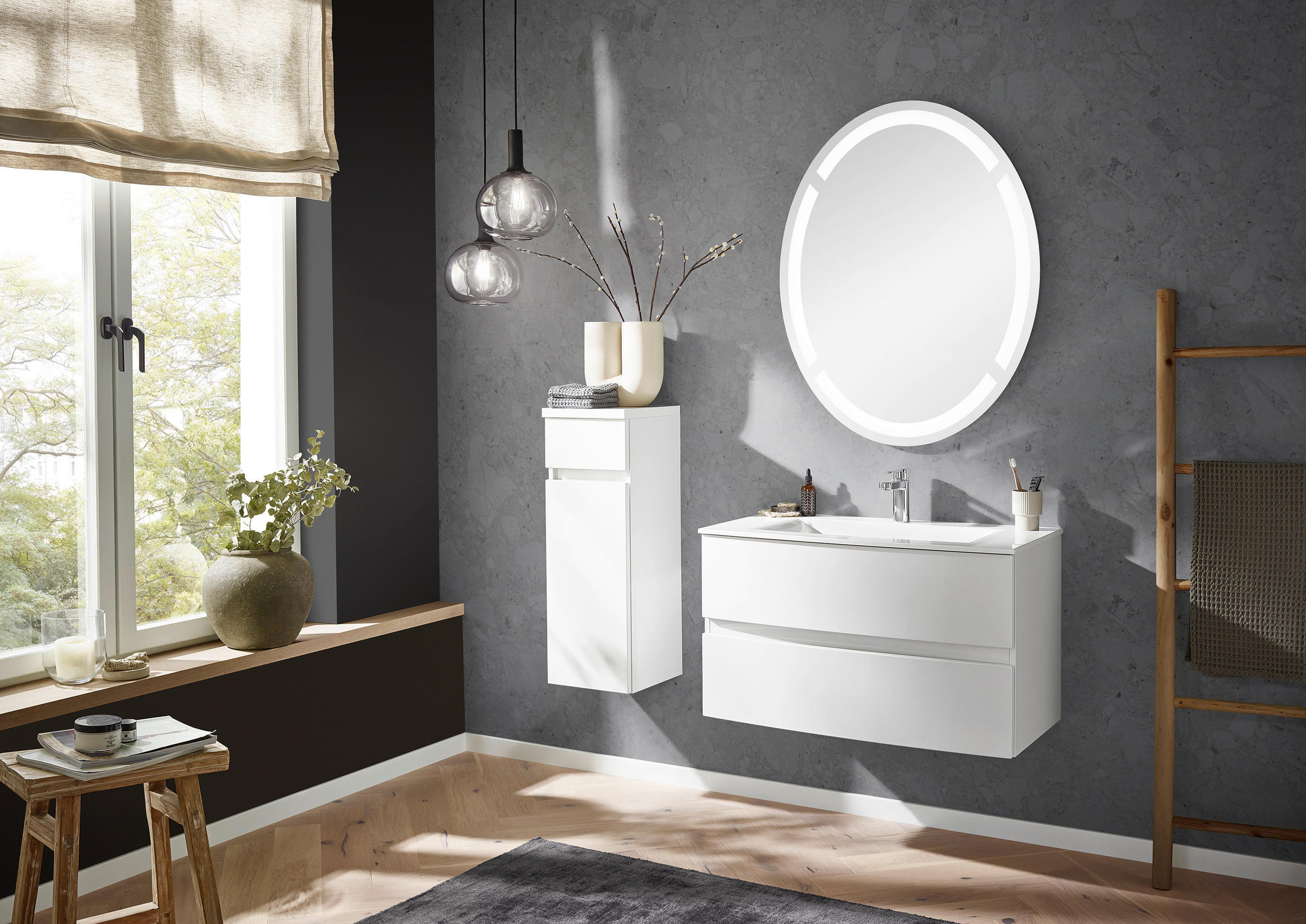 BADEZIMMER 91,2 cm  - Weiss Hochglanz/Weiss, Design, Holzwerkstoff/Stein (91,2cm) - Novel
