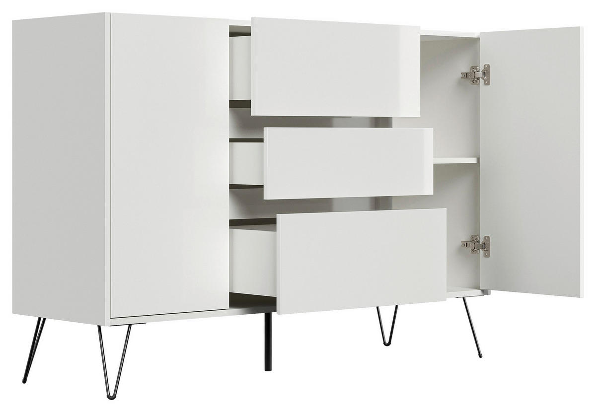 SIDEBOARD Posseik Industrial 140/93,6/42 cm 3 Schublade(n)  - Weiß Hochglanz/Schwarz, Design, Holzwerkstoff/Metall (140/93,6/42cm) - P & B