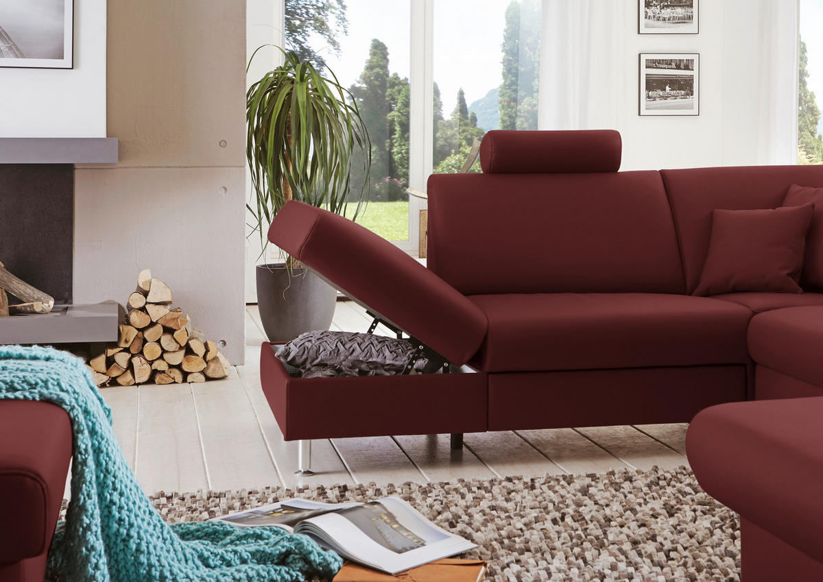 WOHNLANDSCHAFT in Echtleder Brombeere  - Brombeere/Alufarben, Design, Leder/Metall (233/339/165cm) - Beldomo Premium
