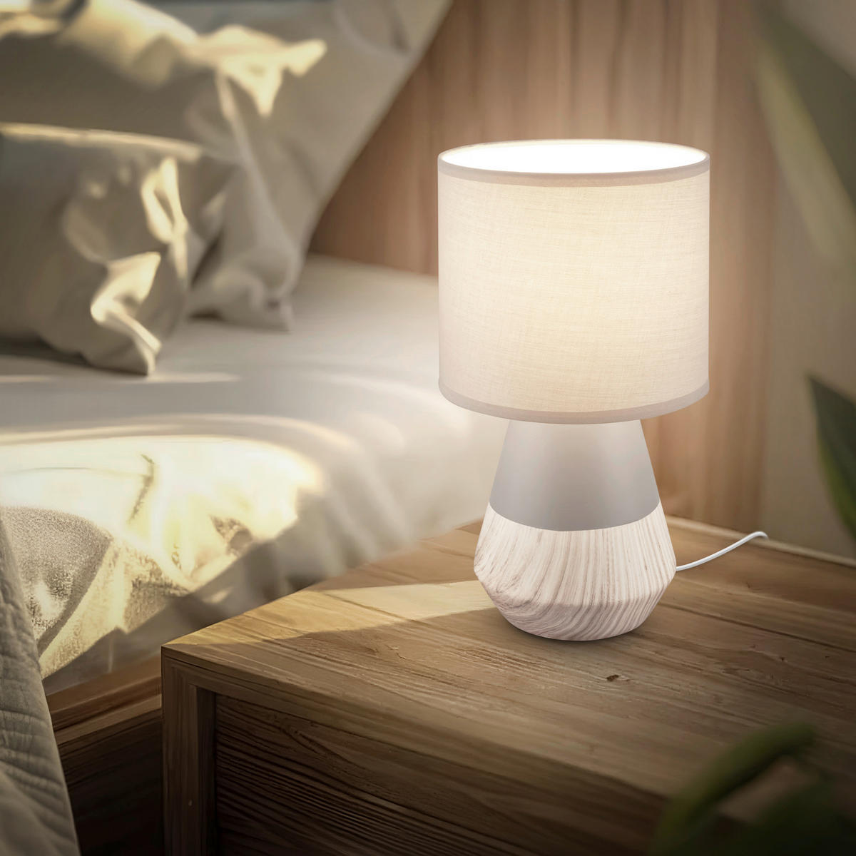 LED ASZTALI LÁMPA - szürke, Basics, textil/fa (18/34cm)
