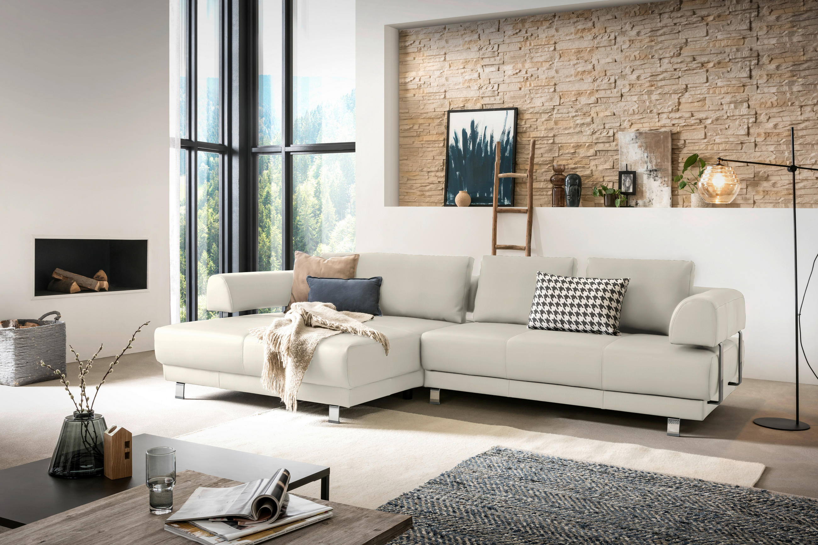 ECKSOFA Creme Echtleder  - Creme, Design, Leder/Metall (188/307cm)