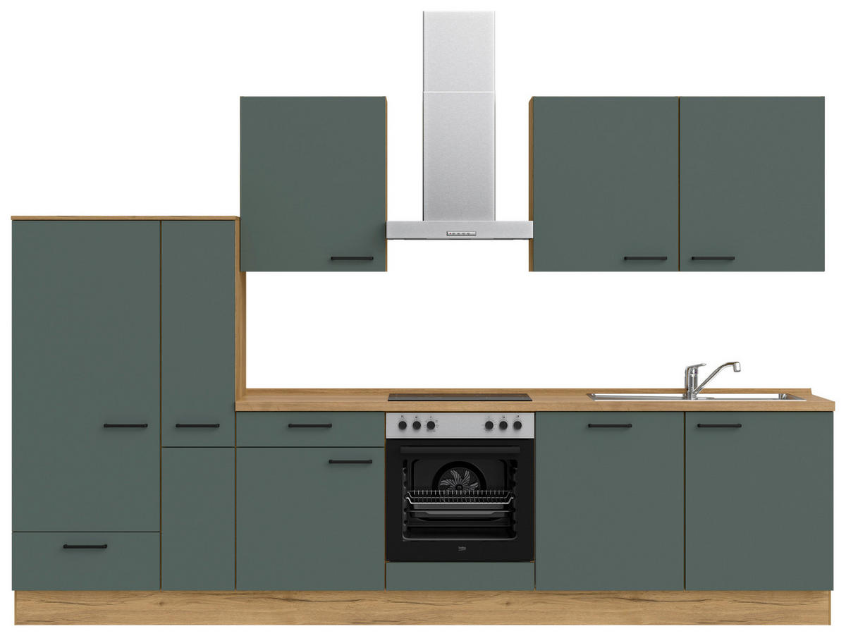 KÜCHENBLOCK Easytouch 330 cm  in Eichefarben, Dunkelgrün  - Dunkelgrün/Eichefarben, MODERN, Holzwerkstoff/Metall (330cm) - Nobilia