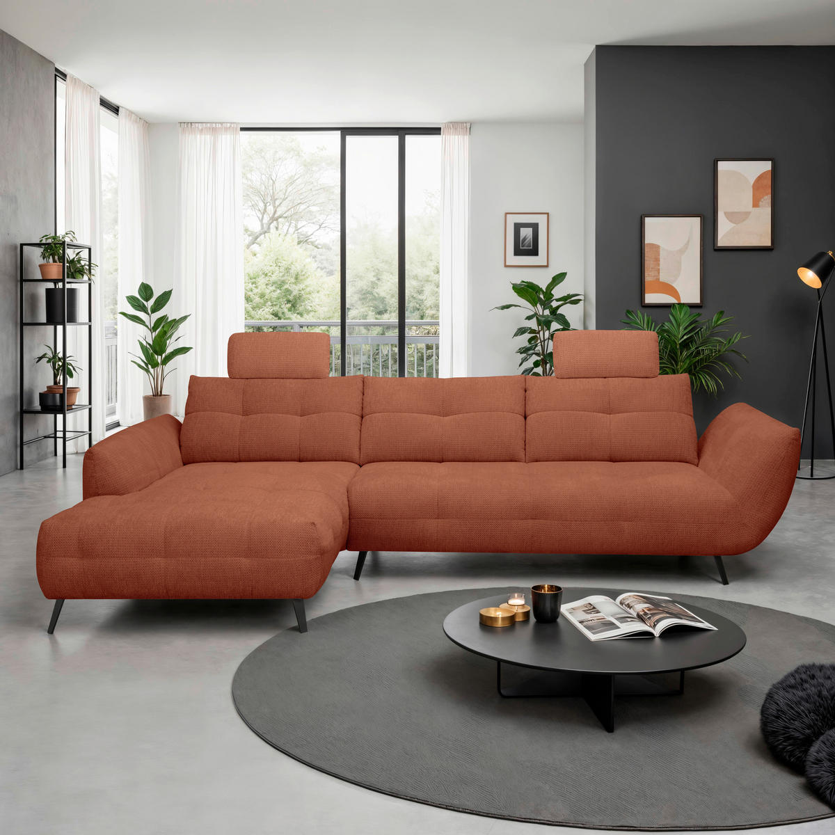 ECKSOFA Rostfarben Chenille Armlehnenkissen, Rücken echt, Sitztiefenverstellung  - Rostfarben/Schwarz, KONVENTIONELL, Textil/Metall (215/313cm) - Hom`in