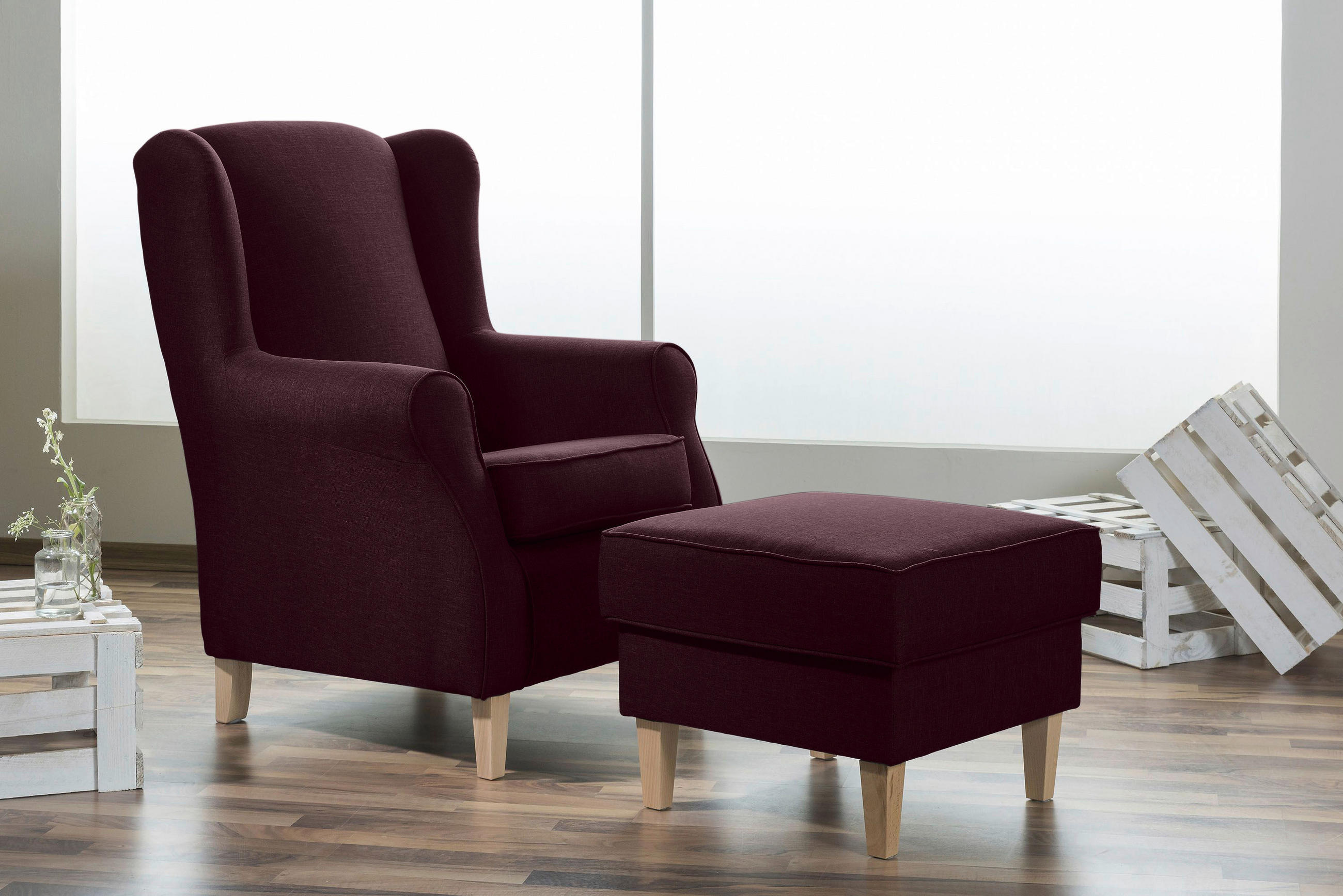 OHRENSESSEL in Flachgewebe Dunkelrot  - Buchefarben/Dunkelrot, Design, Holz/Textil (77/103/86cm) - Max Winzer