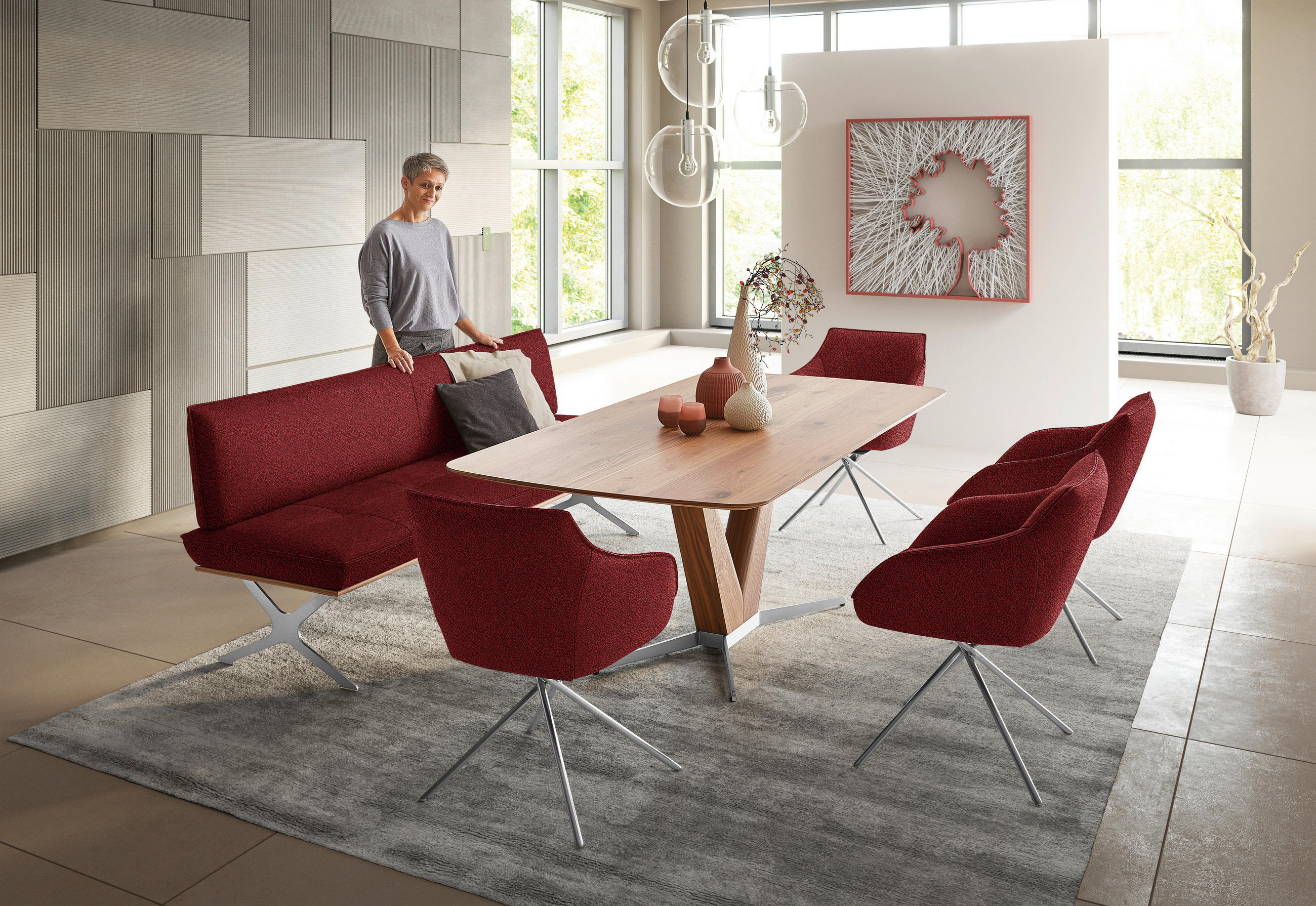 SITZBANK 214/88/66 cm  in Rot, Nussbaumfarben, Nickelfarben  - Edelstahlfarben/Rot, Design, Holz/Textil (214/88/66cm) - Koinor