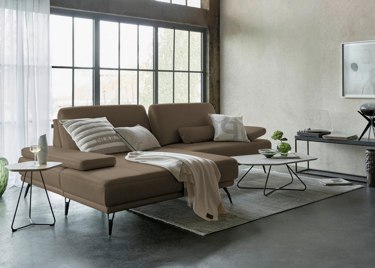 ECKSOFA Echtleder Graubraun  - Graubraun/Schwarz, Konventionell, Leder/Metall (180/301cm) - Joop!