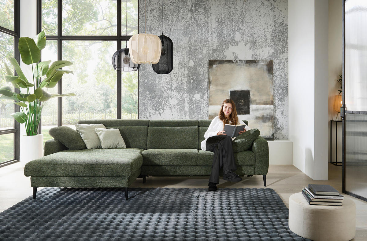 ECKSOFA Grün Chenille  - Schwarz/Grün, KONVENTIONELL, Textil/Metall (177/300cm) - Valdera