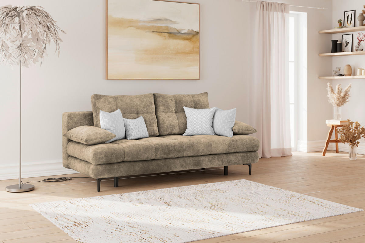 SCHLAFSOFA  mit Liegefunktion, Schlafen auf Sitzhöhe, Rücken echt Chenille Hellbraun  - Hellbraun/Schwarz, KONVENTIONELL, Textil/Metall (203/94/96cm) - Carryhome