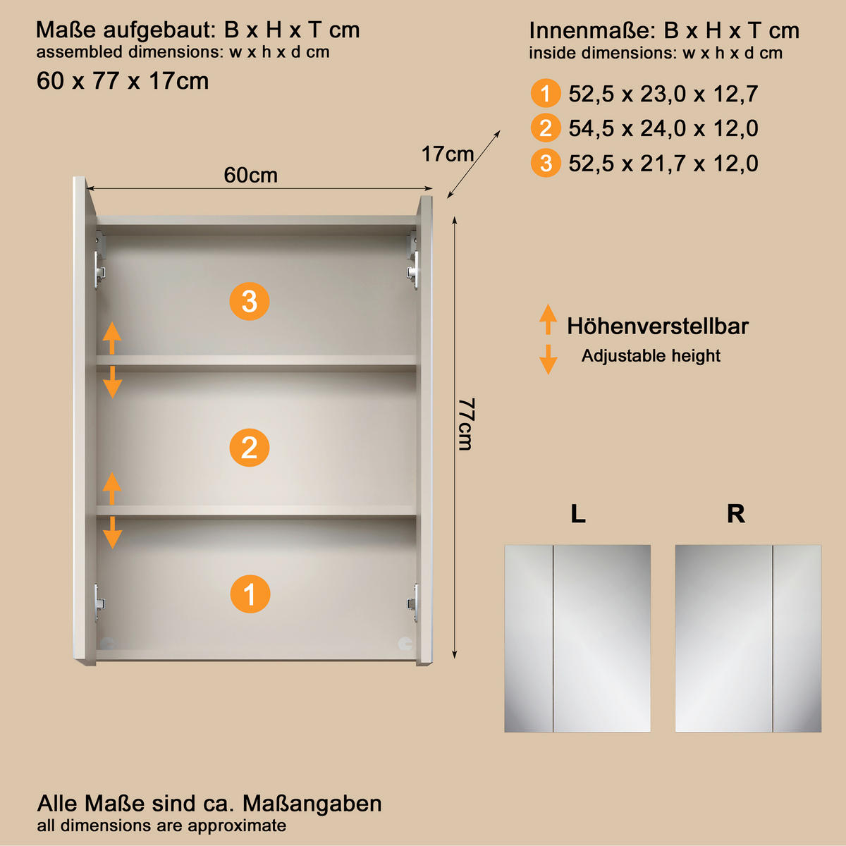 SPIEGELSCHRANK 60/77/17 cm  - Kaschmir, Trend, Glas/Holzwerkstoff (60/77/17cm) - MID.YOU
