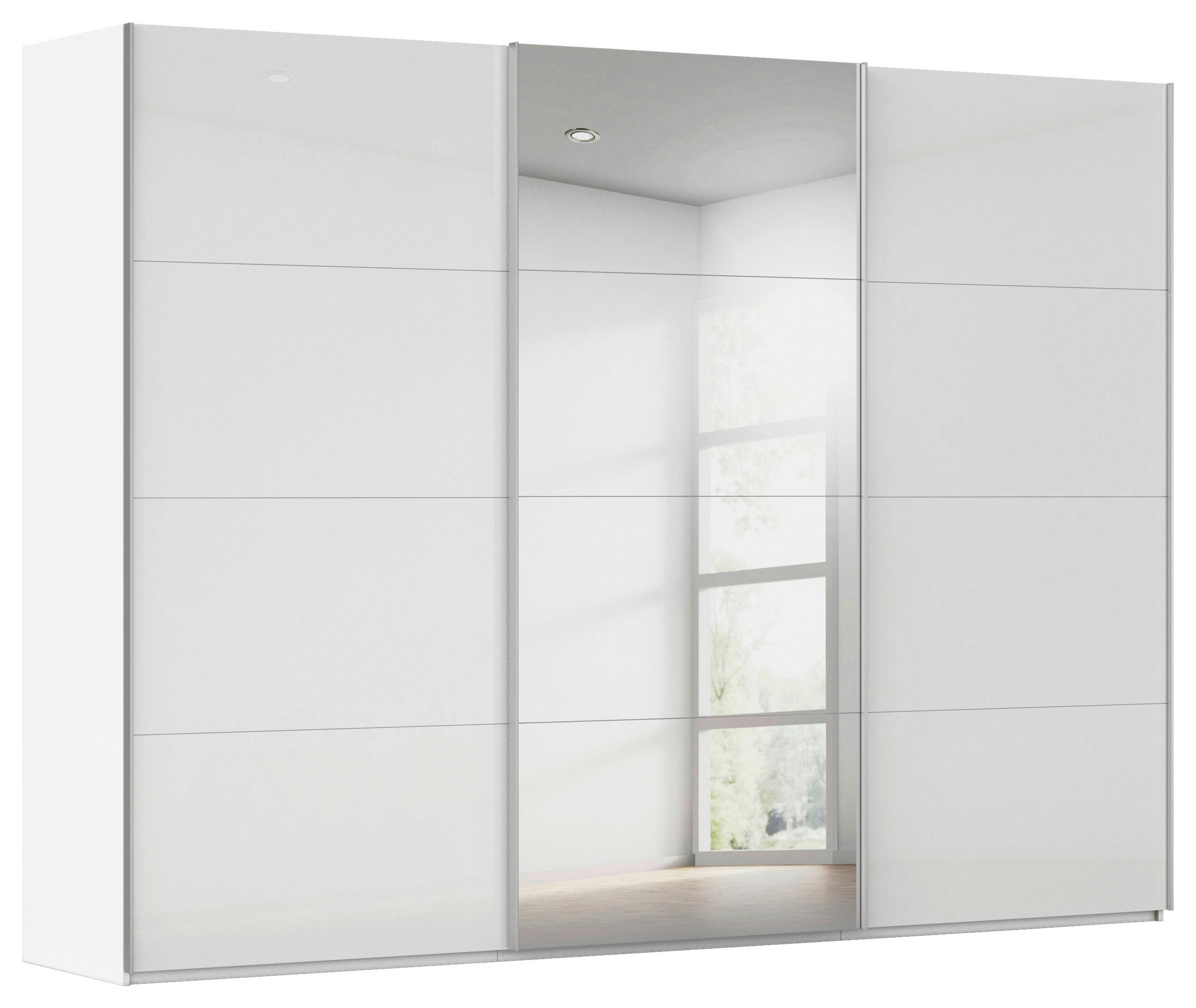 SCHWEBETÜRENSCHRANK 301/223/68 cm 3-türig Weiß, Weiß Hochglanz  - Weiß Hochglanz/Alufarben, Basics, Glas/Holzwerkstoff (301/223/68cm) - Novel
