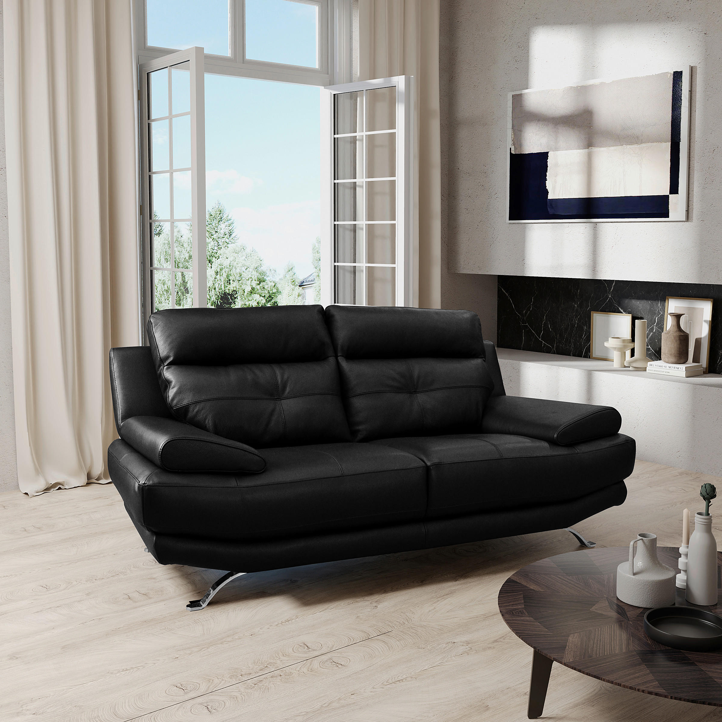 2-SITZER-SOFA  in Echtleder Schwarz   - Chromfarben/Schwarz, Design, Leder/Metall (185/92/99cm) - Livetastic
