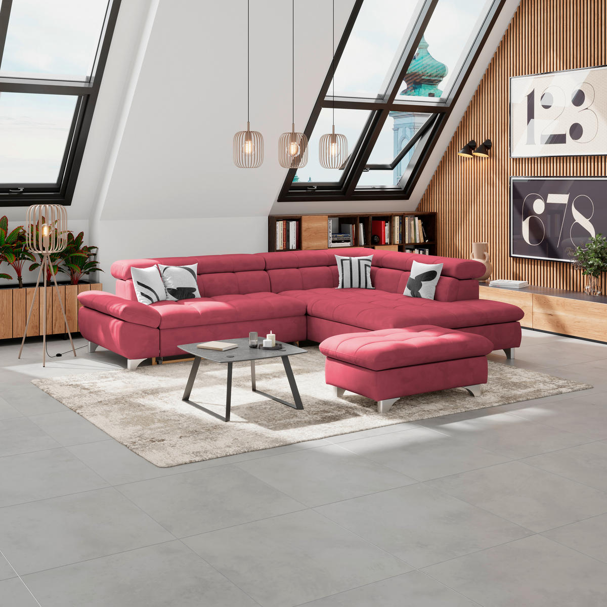 HOCKER Chenille Rot  - Chromfarben/Rot, KONVENTIONELL, Textil/Metall (108/46/108cm) - Livetastic