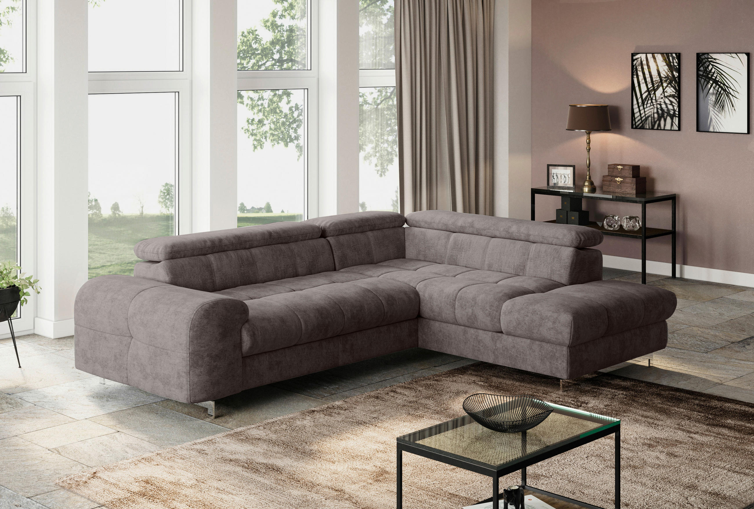 ECKSOFA in Mikrofaser Dunkelbraun  - Chromfarben/Dunkelbraun, Konventionell, Textil/Metall (257/206cm) - Livetastic