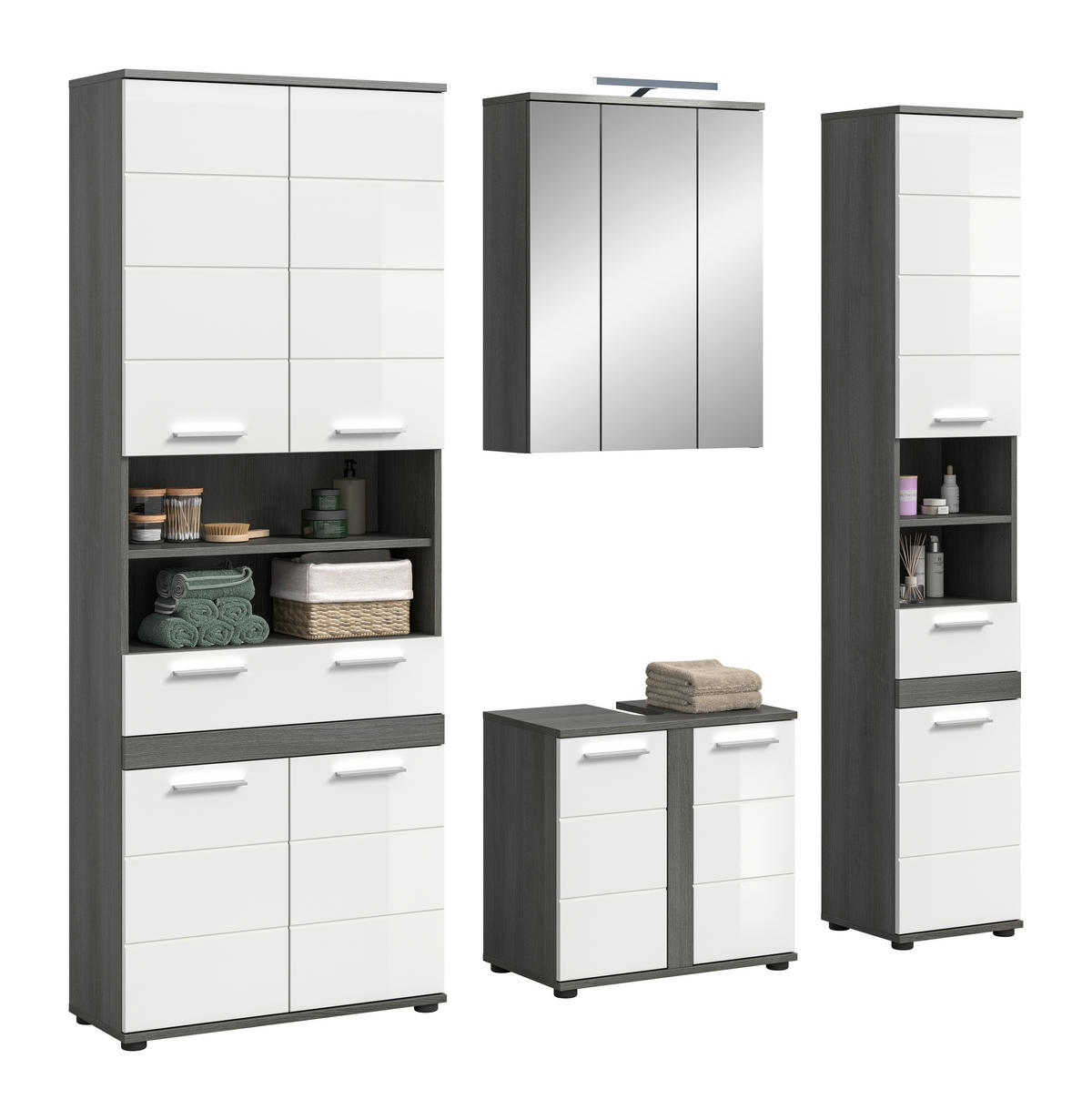 BADEZIMMER 5-teilig  in 195 cm  - Weiß Hochglanz/Silberfarben, Trend, Glas/Holzwerkstoff (195cm) - MID.YOU