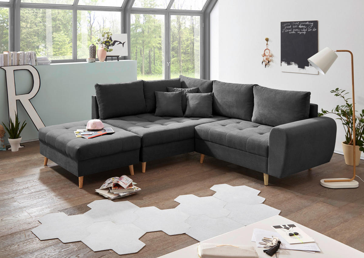 HOCKER Mikrovelours Anthrazit  - Anthrazit/Kieferfarben, KONVENTIONELL, Holz/Textil (106/48/80cm) - MID.YOU