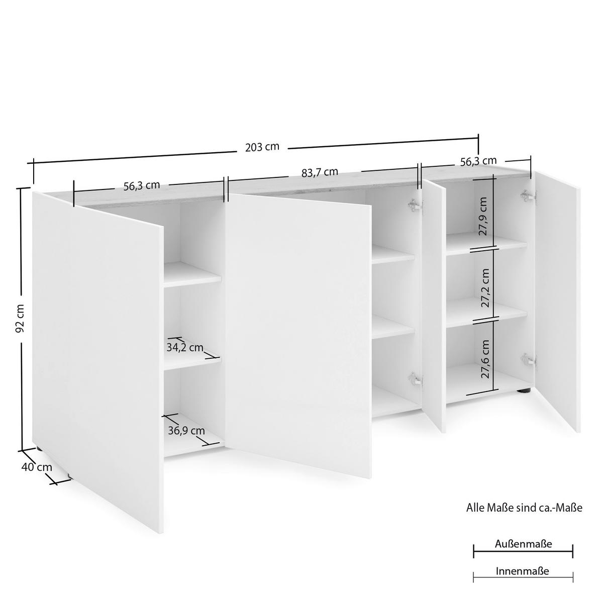 ŠIROKÁ KOMODA, barvy dubu, vysoce lesklá bílá, 203/92/40 cm - barvy dubu/černá, Design, kompozitní dřevo/plast (203/92/40cm) - Xora
