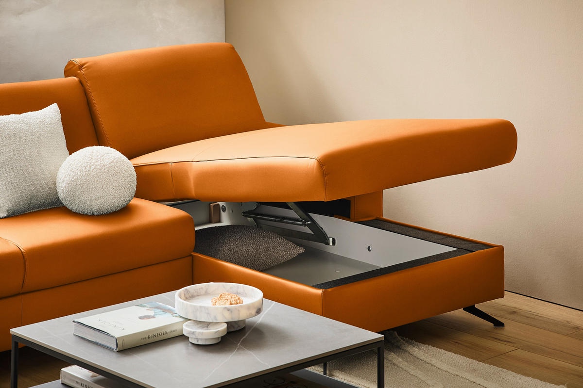 ECKSOFA in Echtleder Orange  267/165 cm  - Schwarz/Orange, Design, Leder/Metall (267/165cm) - Lomoco