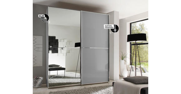SCHWEBETÜRENSCHRANK in Hellgrau - Chromfarben/Hellgrau, Design, Glas/Holzwerkstoff (188/222/68cm) - Moderano