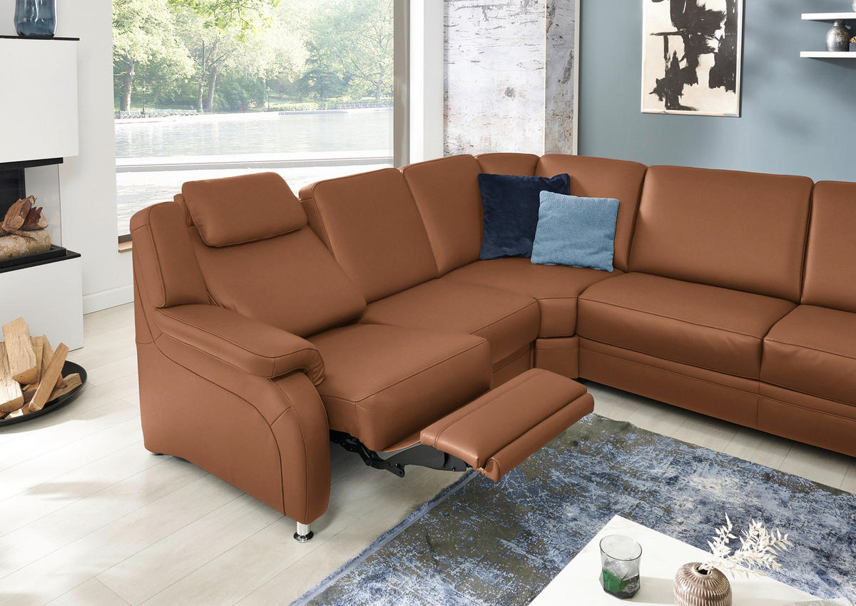 WOHNLANDSCHAFT Echtleder Cognac  - Cognac/Alufarben, Konventionell, Leder/Metall (239/329/165cm) - Beldomo Premium