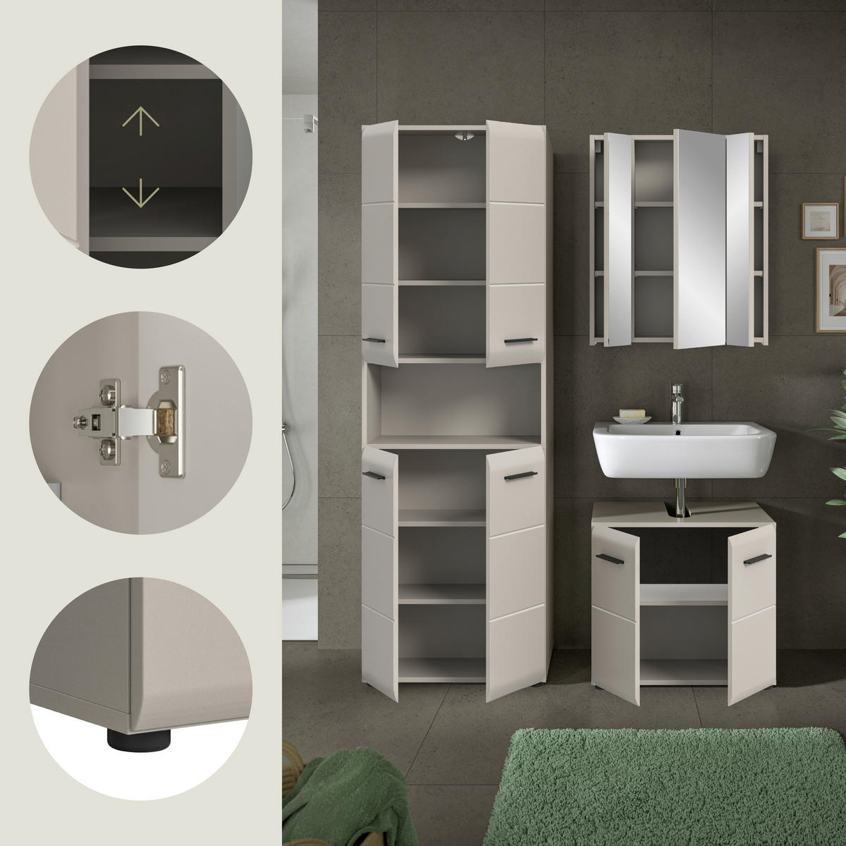 BADEZIMMER 3-teilig  in 120 cm  - Kaschmir/Schwarz, Trend, Glas/Holzwerkstoff (120cm) - MID.YOU