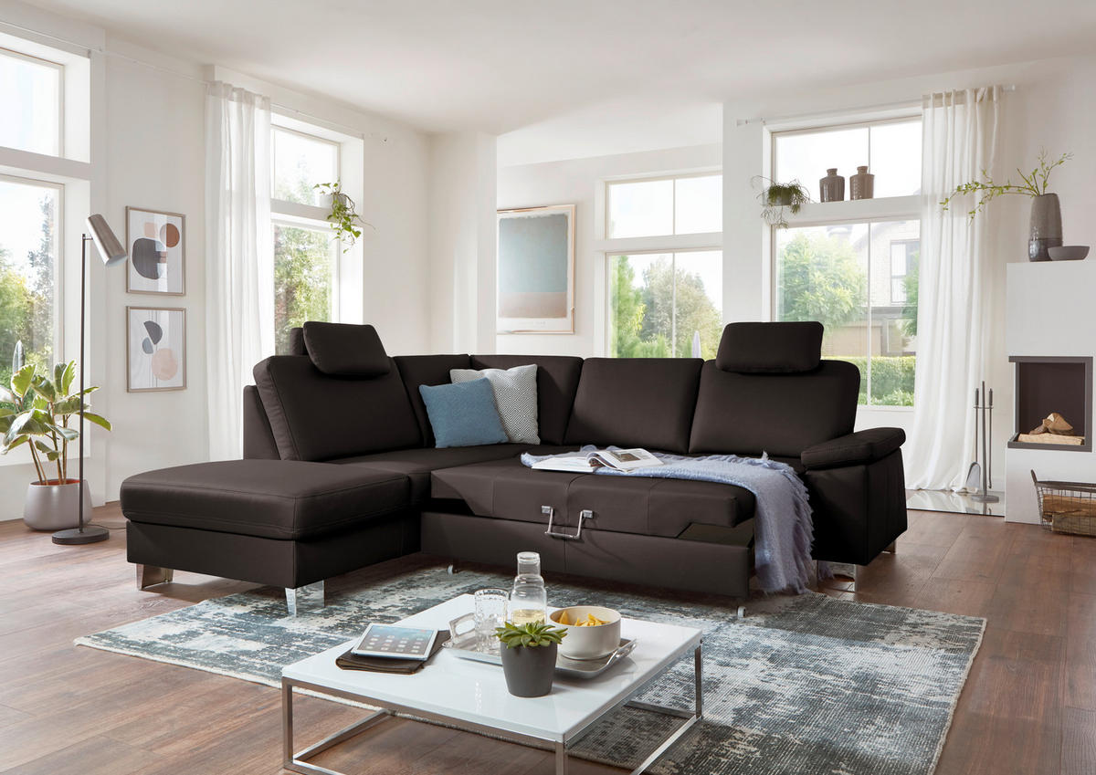 ECKSOFA  in Echtleder Mokka  235/248 cm  - Alufarben/Mokka, Design, Leder/Metall (235/248cm) - Beldomo Premium