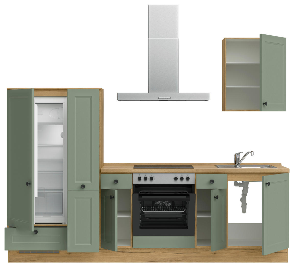 KÜCHENBLOCK Cascada 270 cm  in Grün, Eichefarben  - Eichefarben/Schwarz, MODERN, Holzwerkstoff/Metall (270cm) - Nobilia