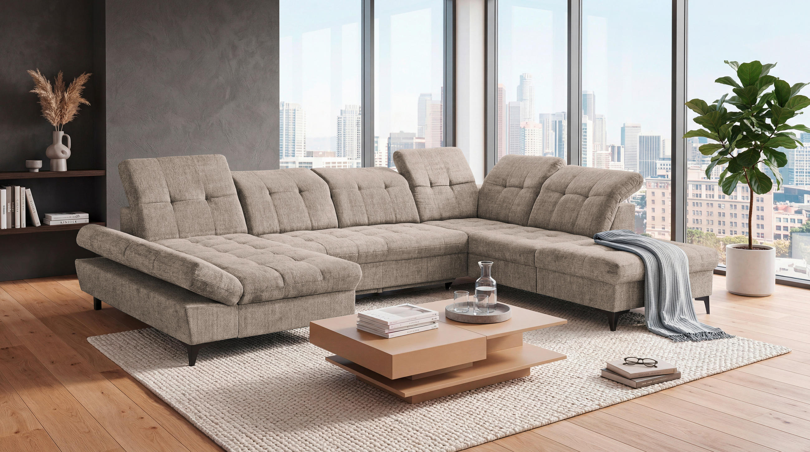 WOHNLANDSCHAFT Mikrovelours Beige  - Beige/Schwarz, Modern, Kunststoff/Textil (169/348/245cm) - MID.YOU