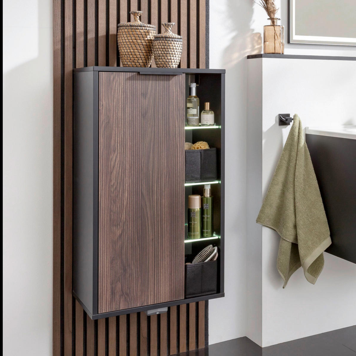 MIDISCHRANK 47/84,2/32 cm  - Eiche dunkel/Schwarz, Basics, Glas/Holzwerkstoff (47/84,2/32cm) - MID.YOU