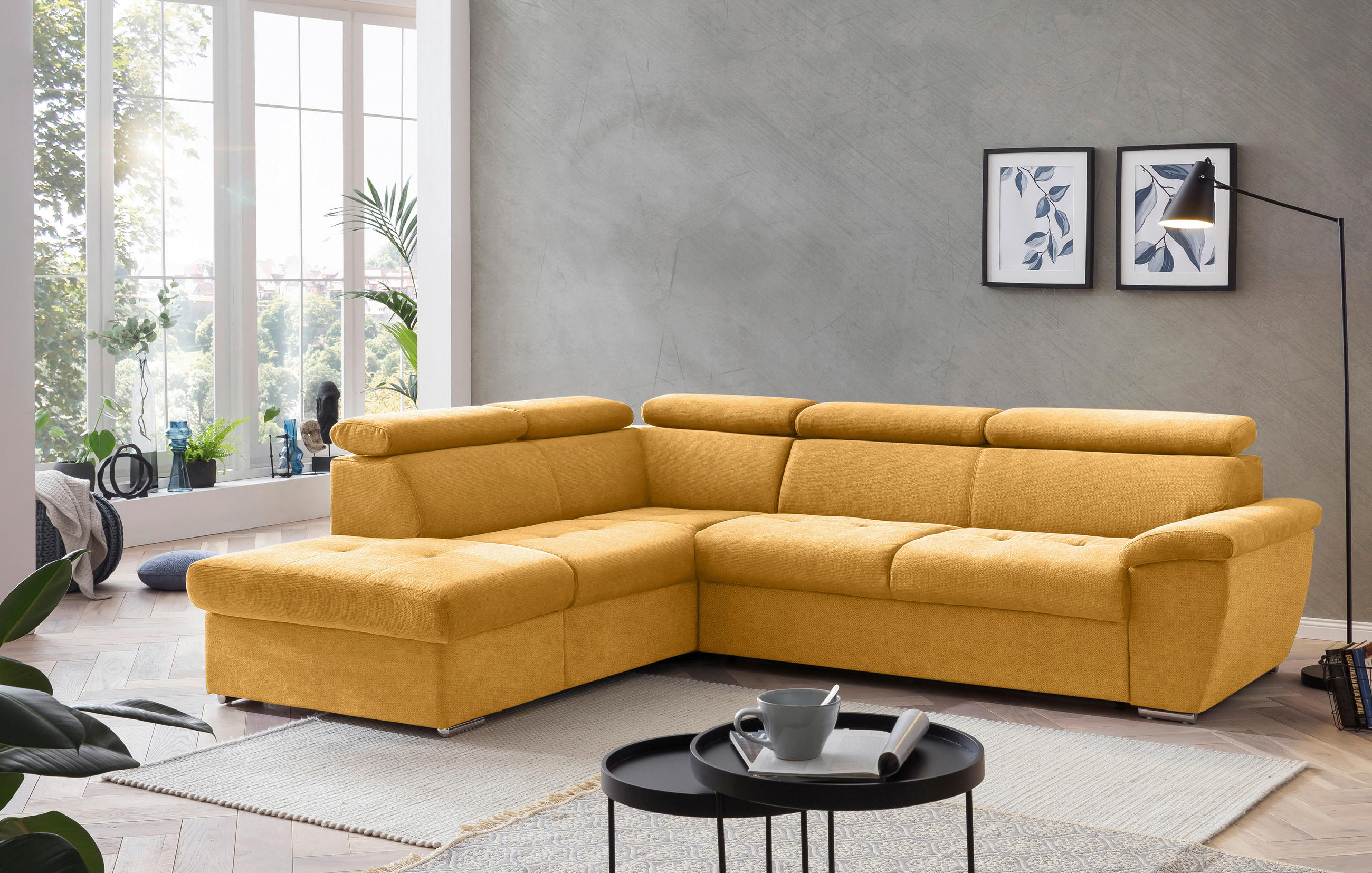ECKSOFA Currygelb Chenille  - Chromfarben/Currygelb, Design, Textil/Metall (216/262cm) - Livetastic
