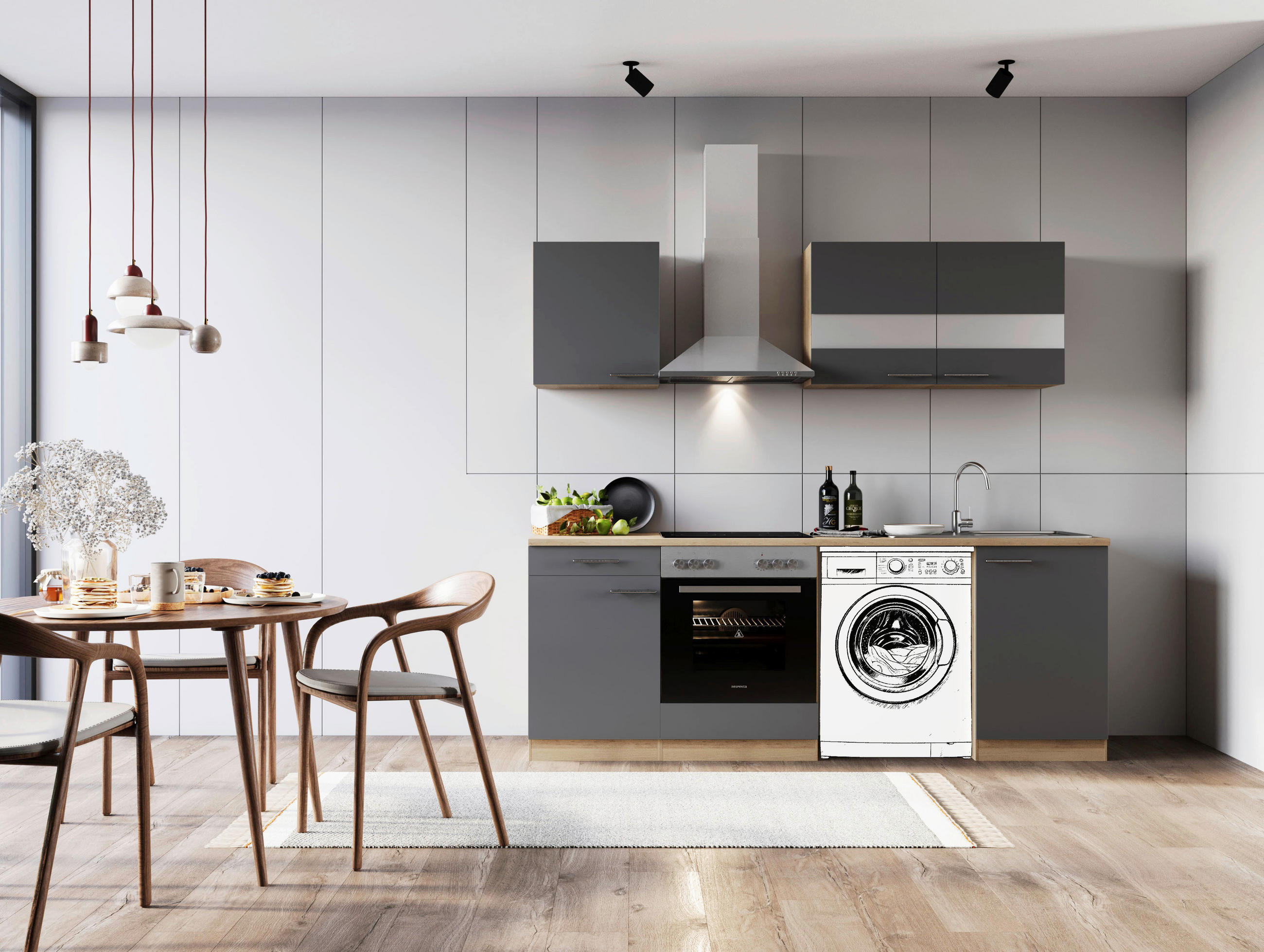 KÜCHENBLOCK 220 cm   in Grau  - Edelstahlfarben/Eichefarben, Basics, Glas/Holzwerkstoff (220cm) - Respekta