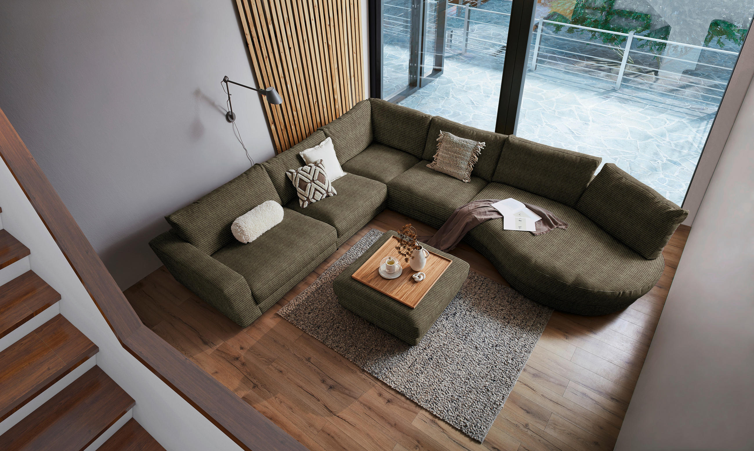 ECKSOFA  in Chenille, Cord Olivgrün  365/425 cm  - Schwarz/Olivgrün, Design, Kunststoff/Textil (365/425cm) - Lomoco